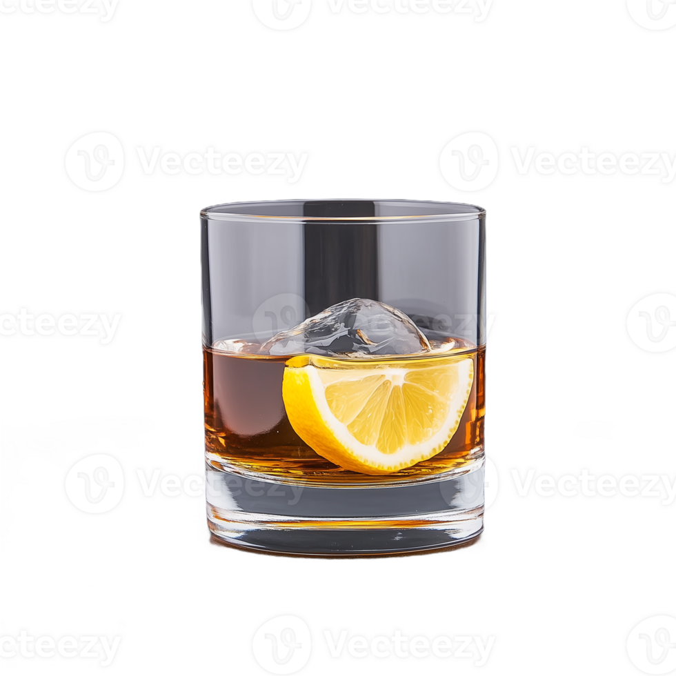 Glass of whiskey with ice cubes and lemon slice on transparent background png