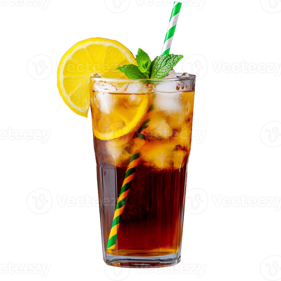 Refreshing iced tea with lemon slice and mint on transparent background png