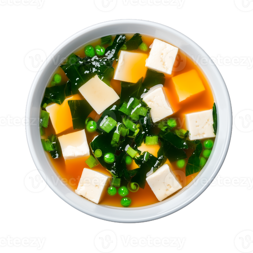 Delicious tofu soup with seaweed and peas on transparent background png
