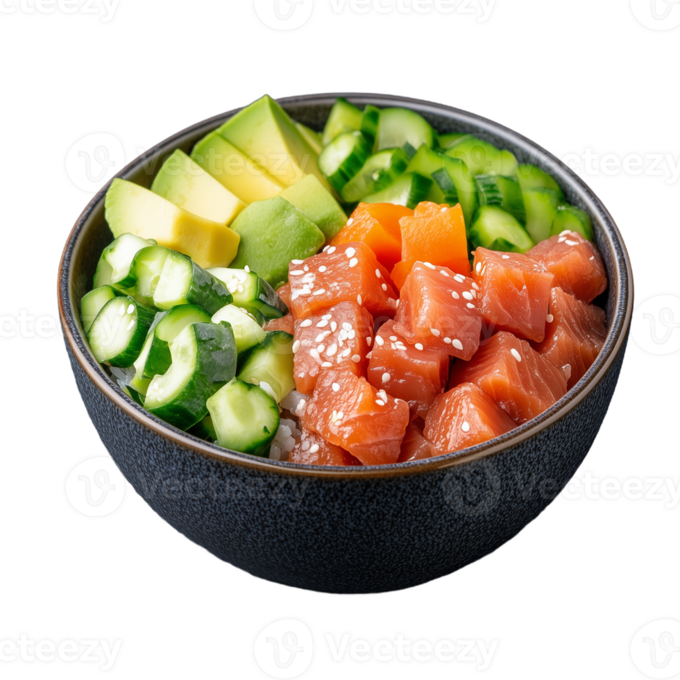 Fresh poke bowl with salmon avocado and cucumber on a transparent background png