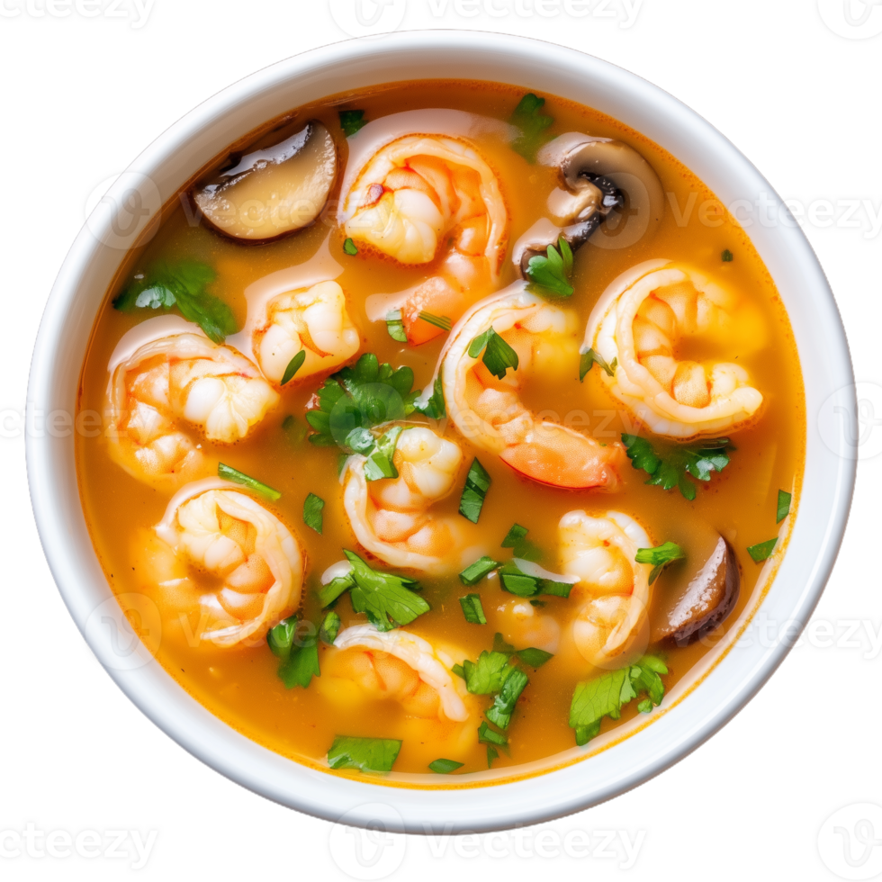 Delicious shrimp soup with mushrooms and herbs on transparent background png