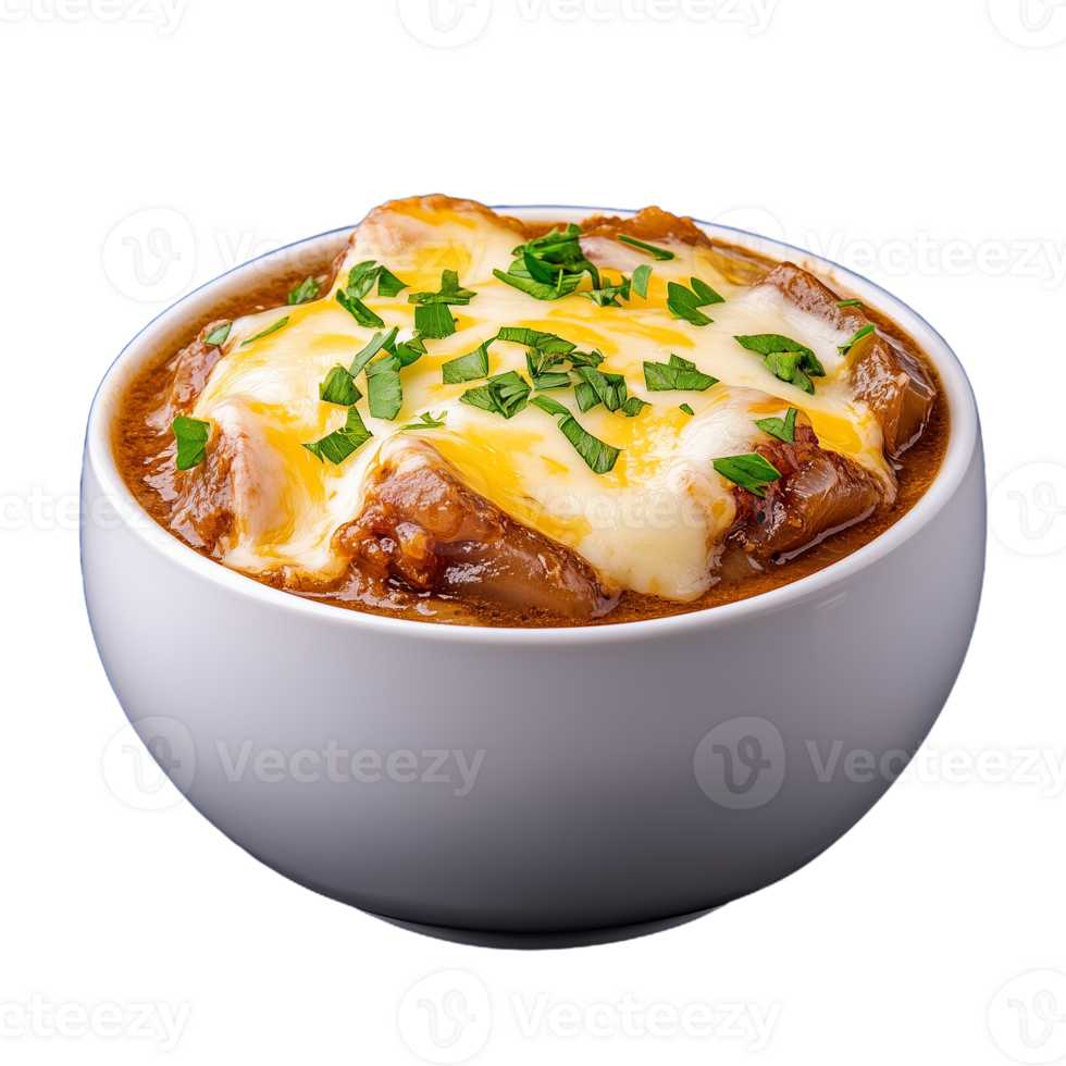 French onion soup with melted cheese and herbs in a white bowl png
