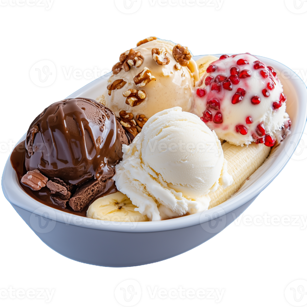 Delicious banana split with assorted ice cream and toppings png