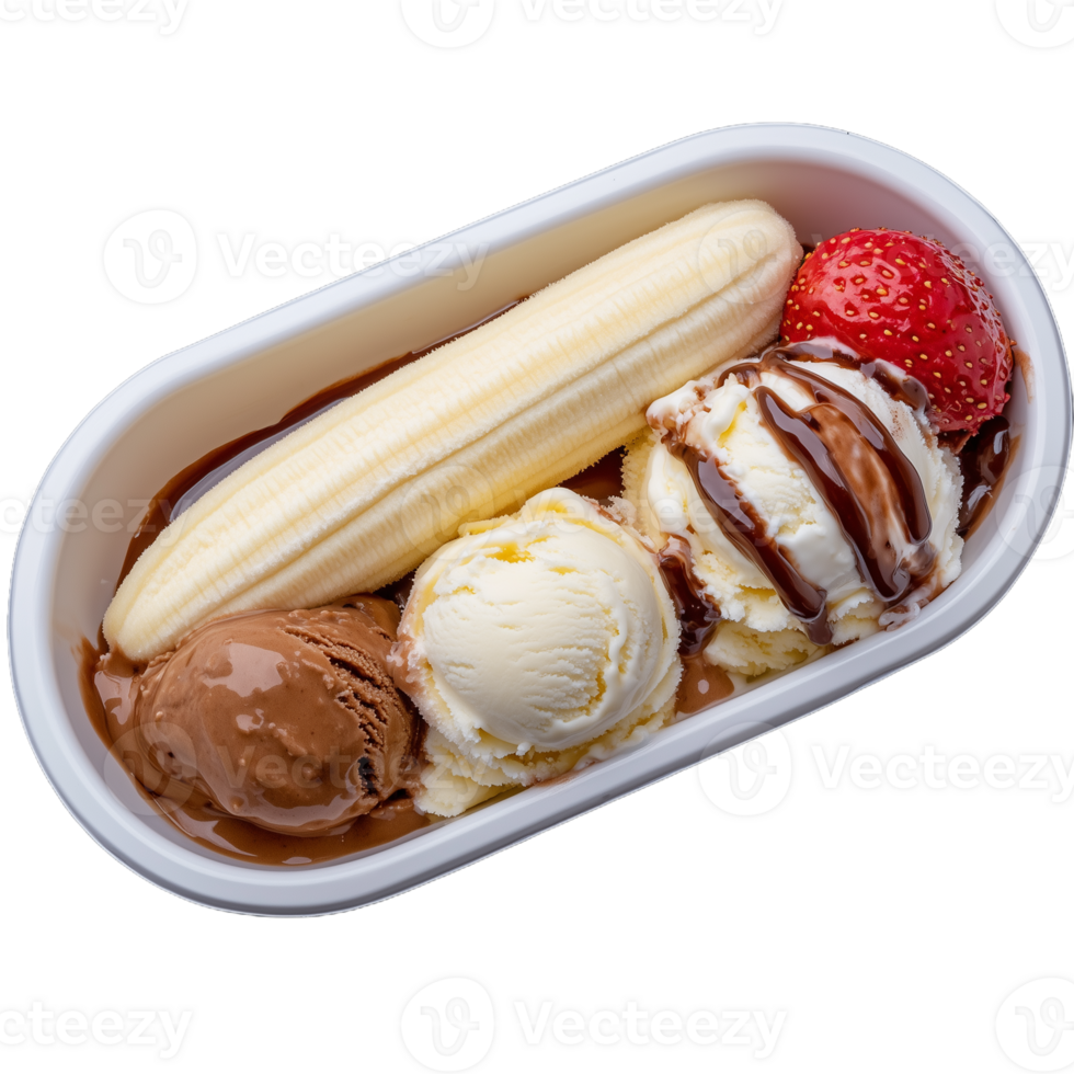 Delicious banana split with chocolate and vanilla ice cream png