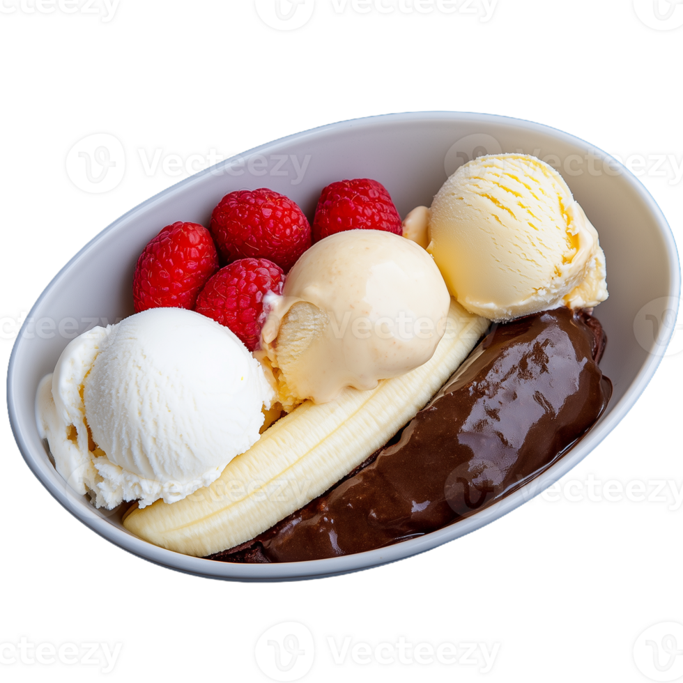 Delicious banana split with ice cream and fresh raspberries png