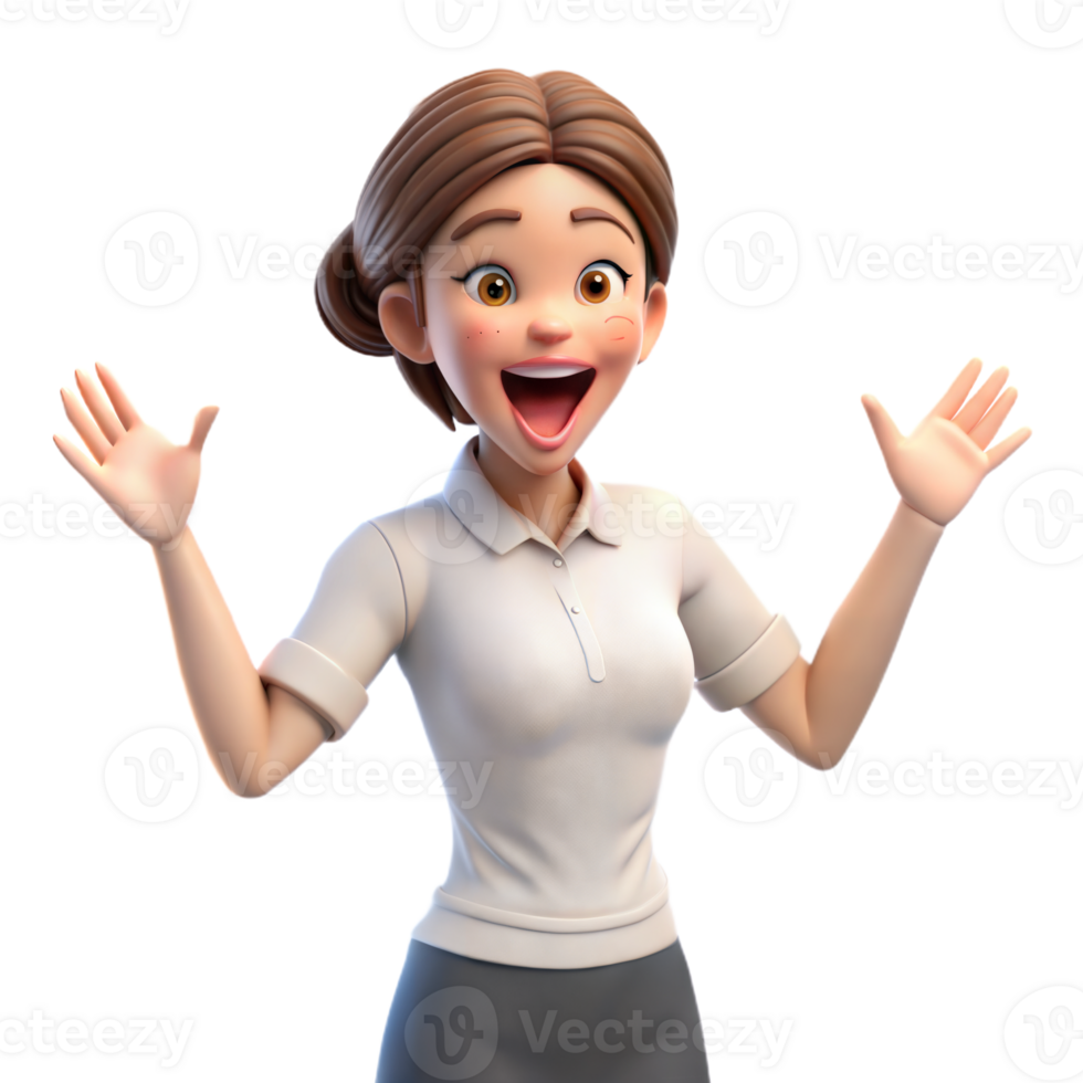 A 3D woman in a white shirt and skirt, expressing joy and surprise. png