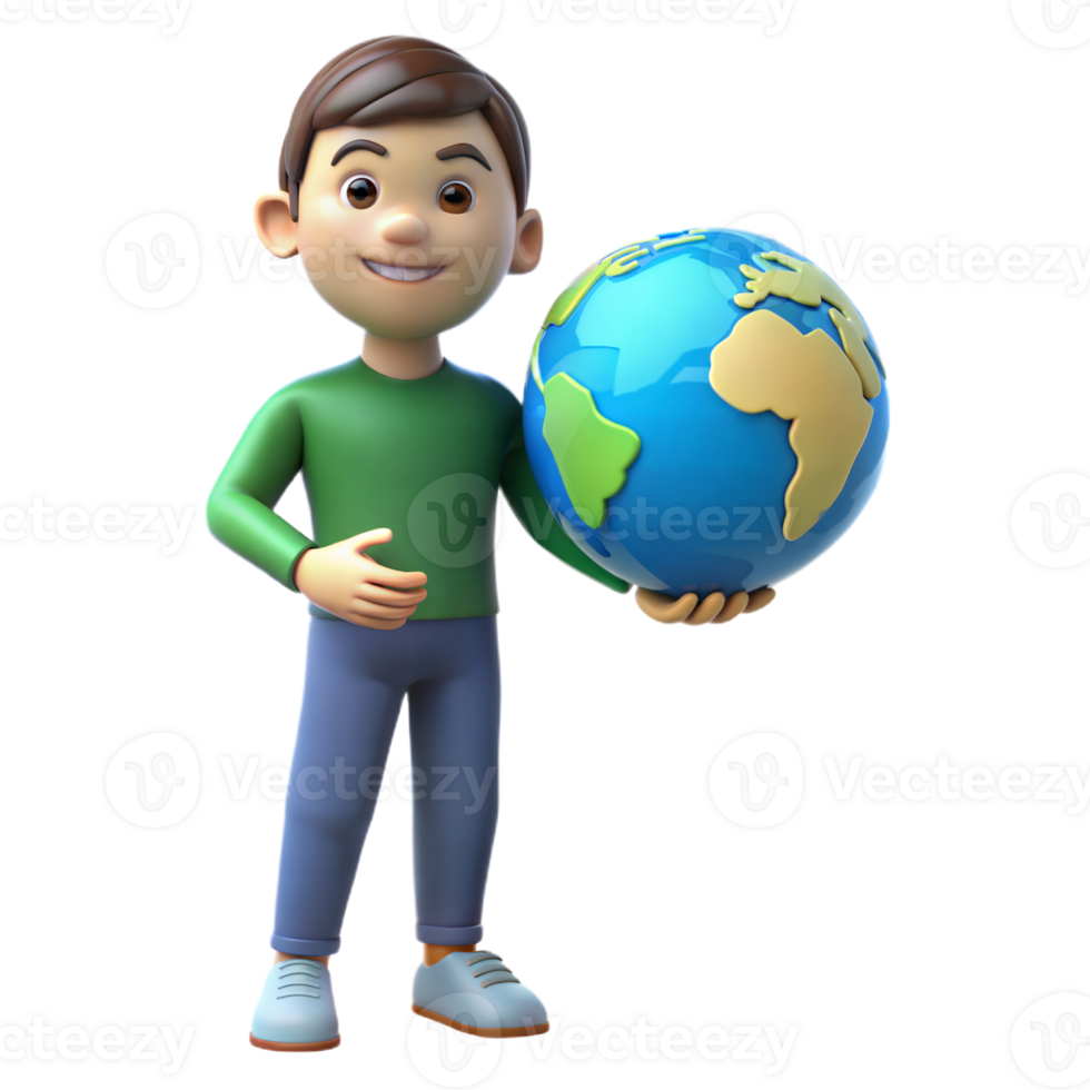 3D Cartoon Boy Holding Earth Globe in Hand, Smiling png