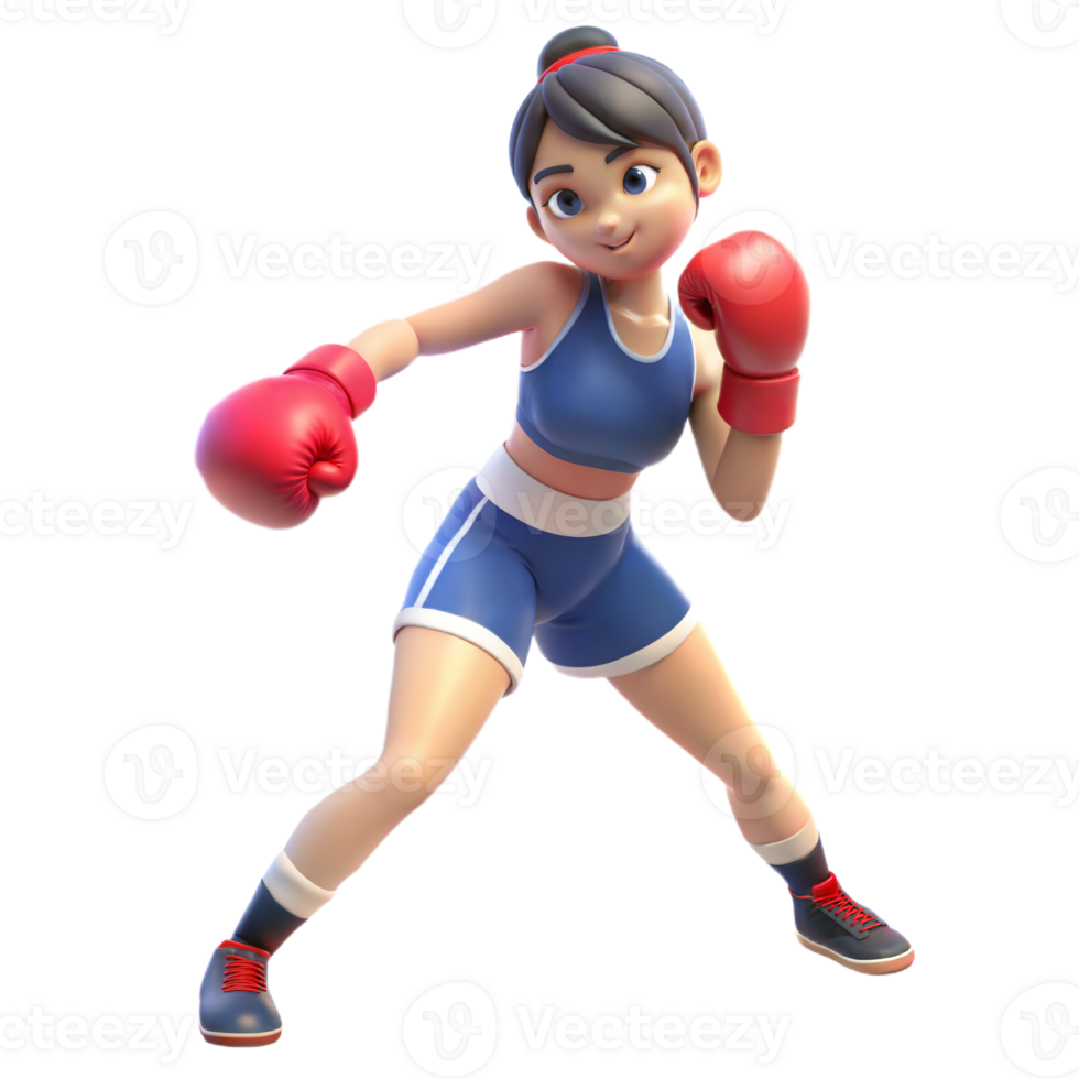 Cartoon Female Boxer Wearing Blue Shorts and Red Gloves Posing in a Fighting Stance png
