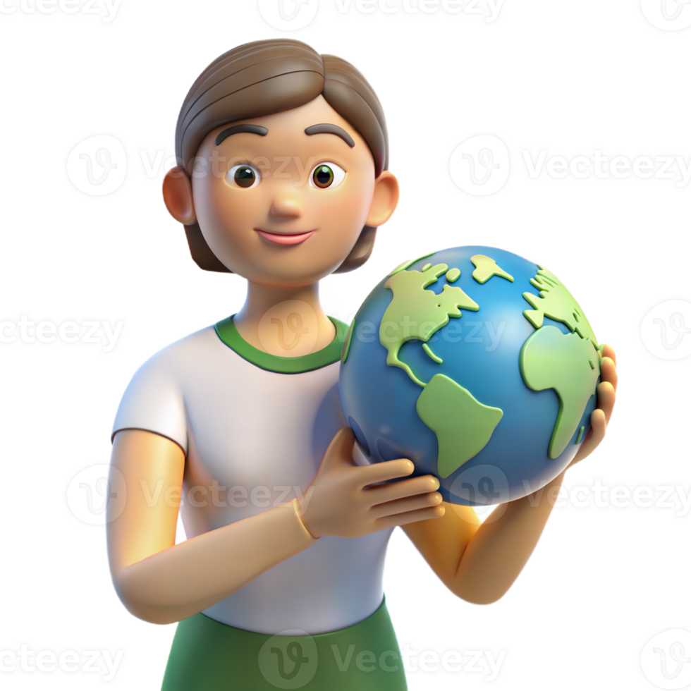 The 3D woman holding a globe symbolizes global communication and connection. png