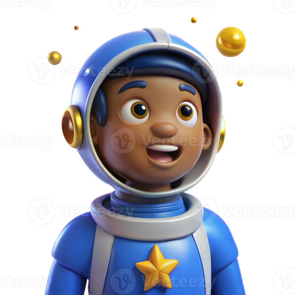 A cartoon astronaut with a gold star on the chest floats in space. png