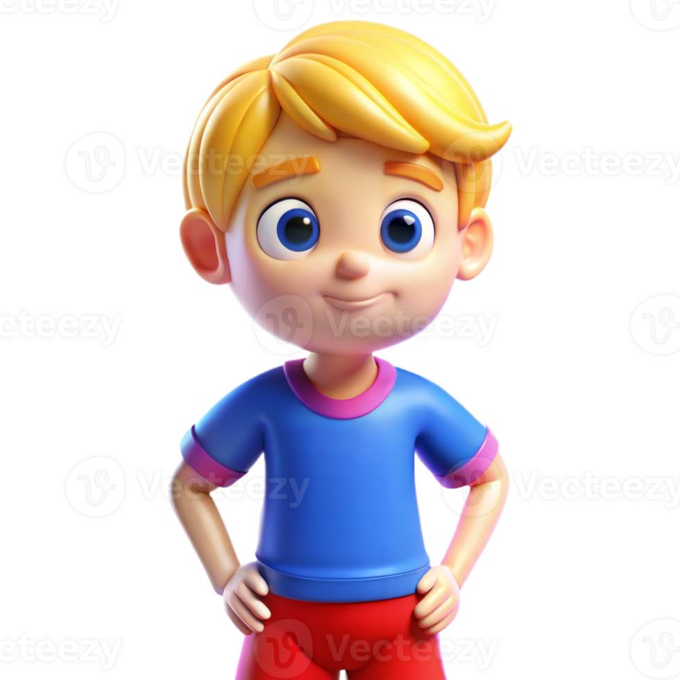 Smiling and confident cartoon character wearing a blue shirt and red pants. png