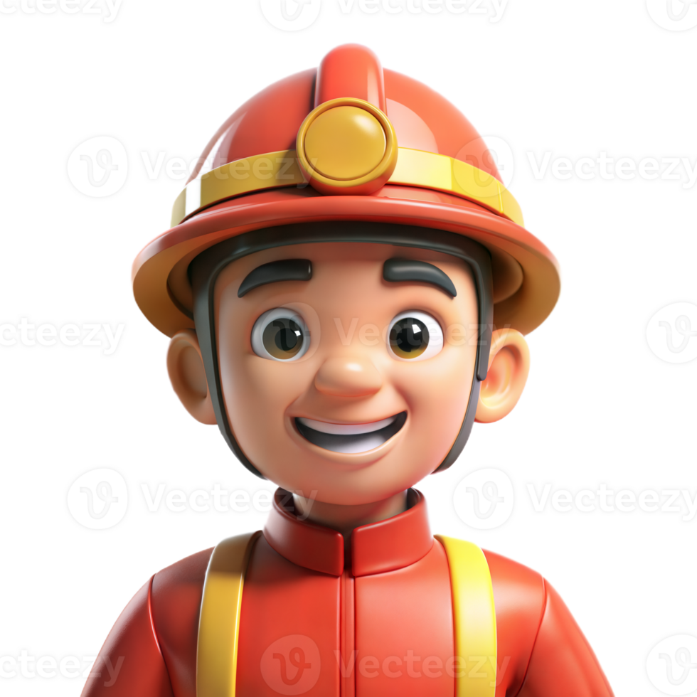 Smiling Cartoon Firefighter Wearing Red Uniform and Helmet png