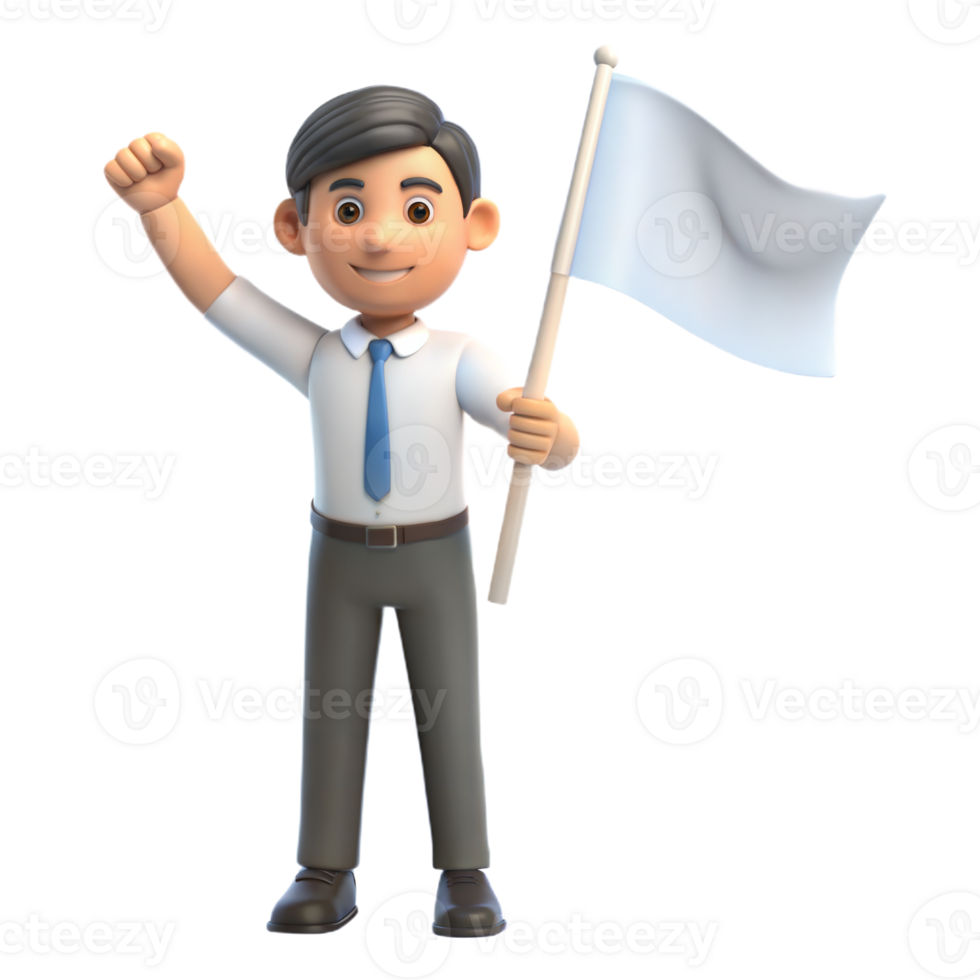 Cartoon Businessman Holding White Flag With Raised Fist in 3D Illustration png