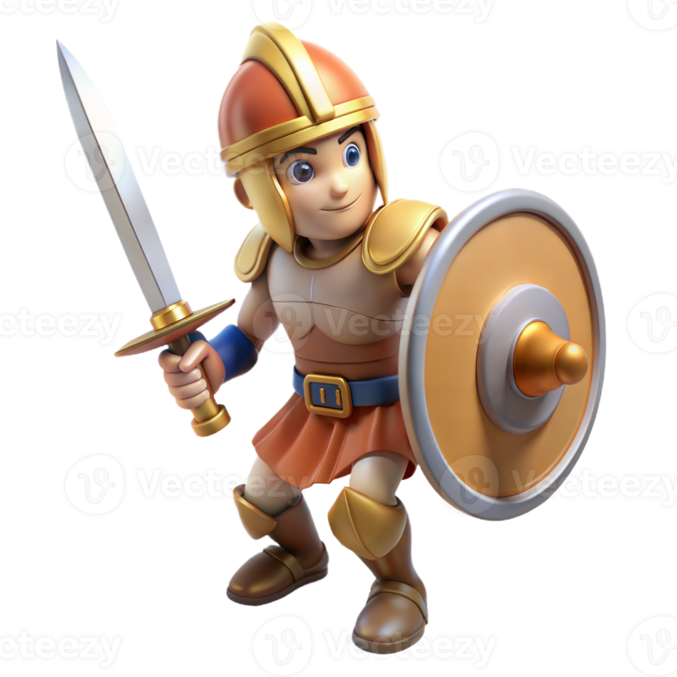 3D Render of a Cartoon Warrior Holding a Sword and Shield png