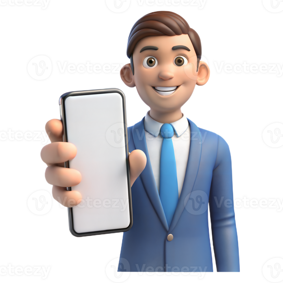 Smiling Cartoon Businessman Holding Smartphone With Blank Screen png
