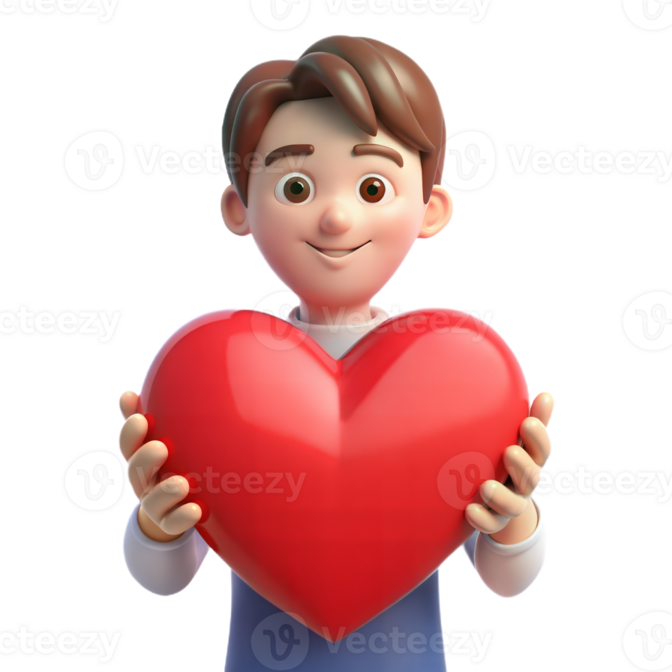 Smiling Cartoon Boy Holding Red Heart in Front of Transparent Background png