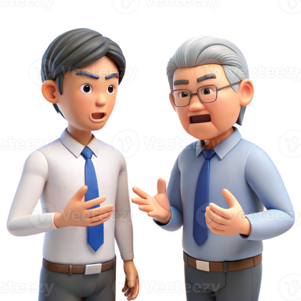 Two animated businessmen in formal attire have a heated discussion, gesturing with their hands. png