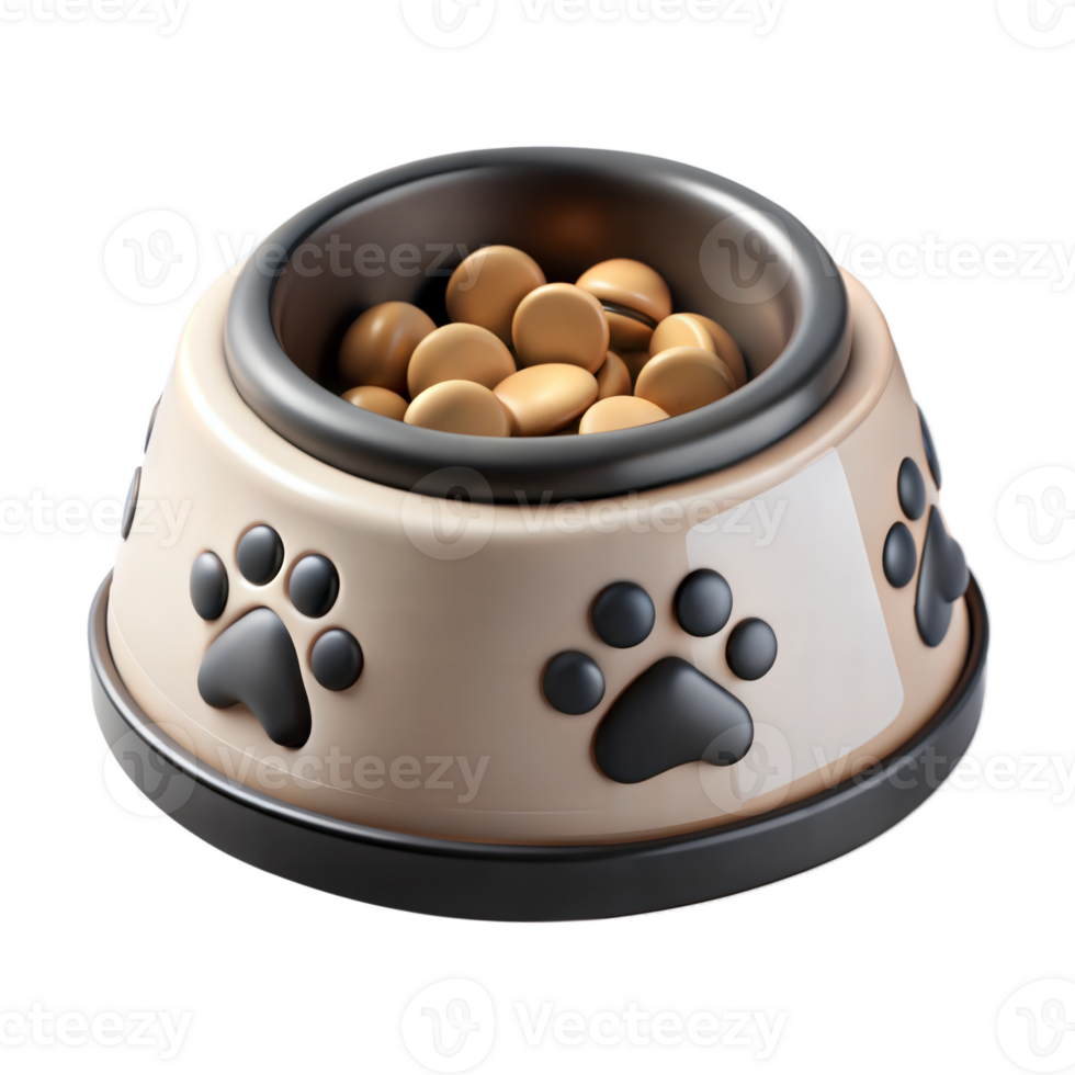 Tan Plastic Dog Food Bowl With Paw Print Design Filled With Kibble png