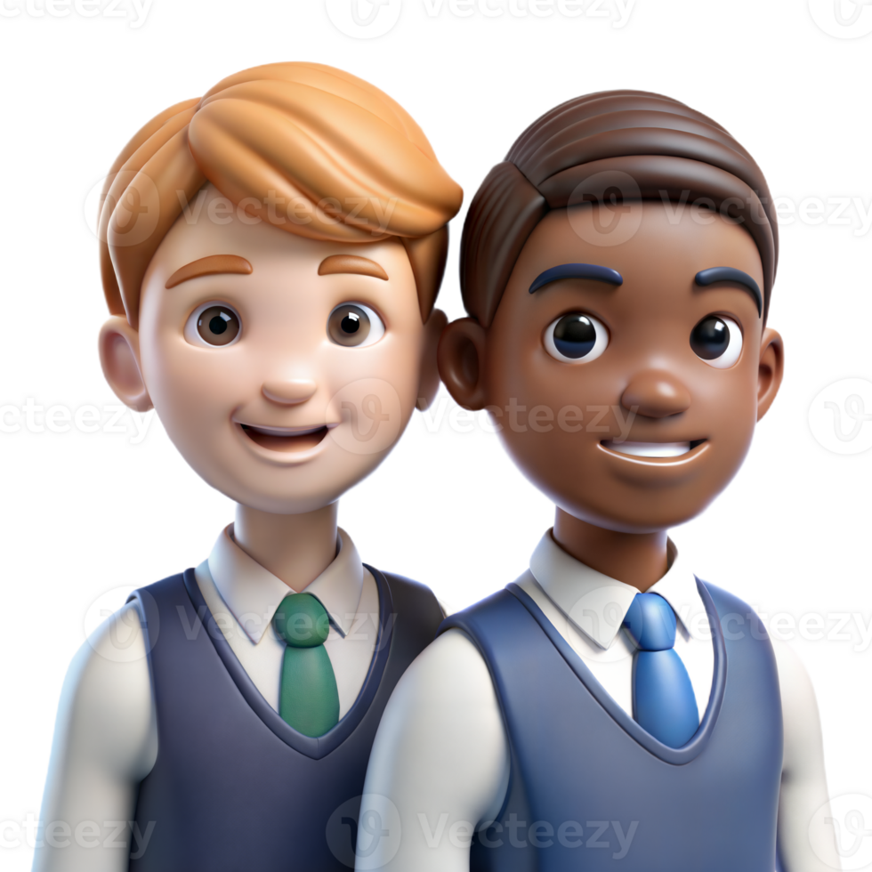 Two cartoon children in school uniforms standing next to each other. png