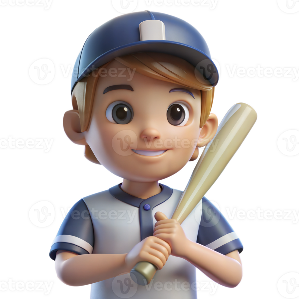 Smiling Boy Baseball Player Holding Bat in 3D Render png