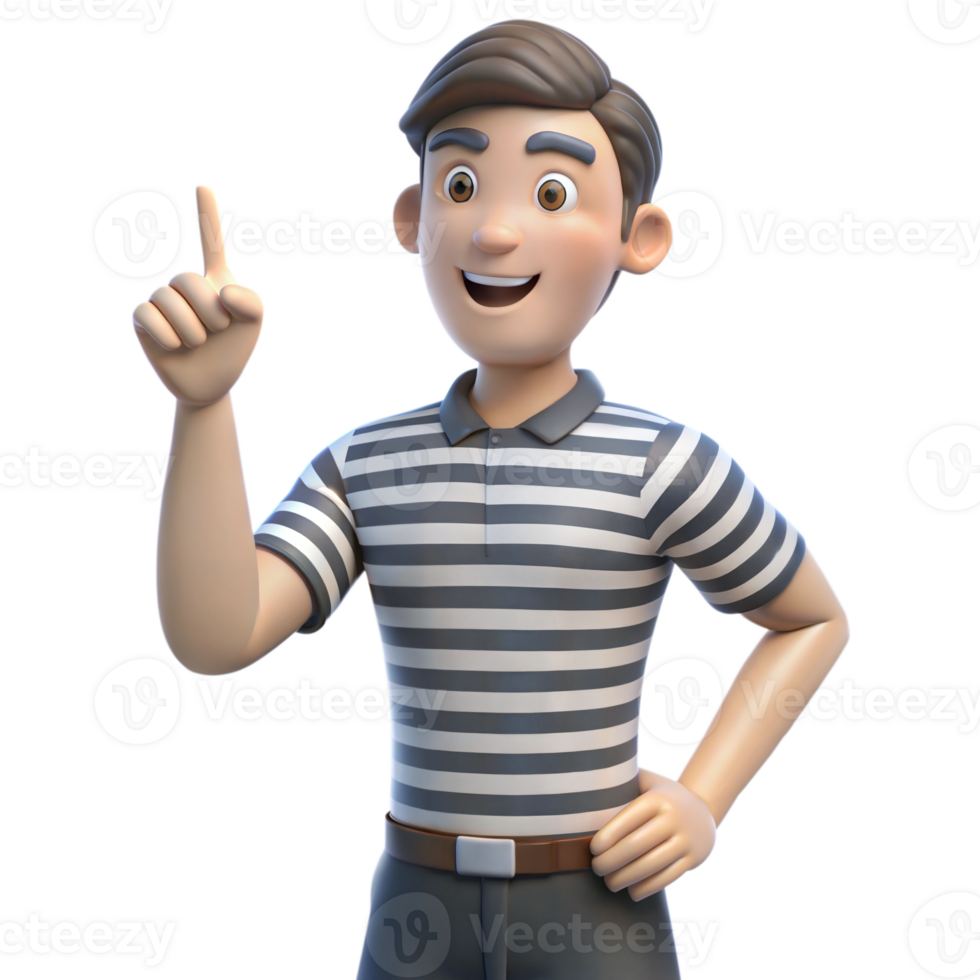 Smiling Cartoon Man Pointing Upward in Striped Shirt png