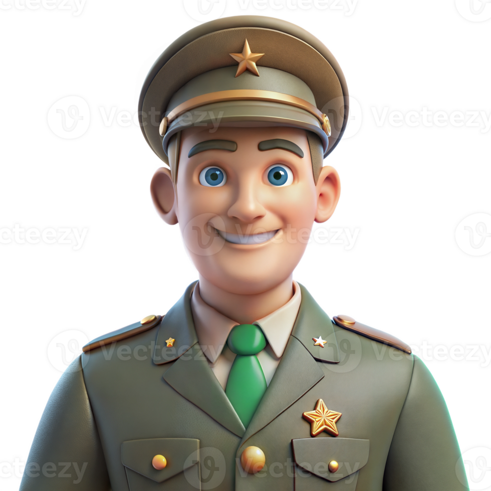 Smiling Cartoon Military Officer Wearing Green Uniform and Cap png