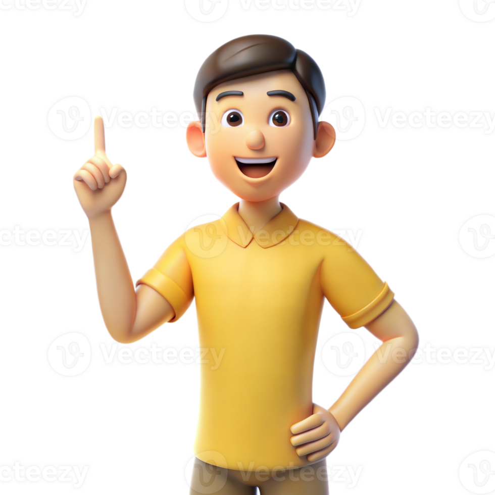 Smiling Cartoon Man Pointing Upwards With One Finger in a Yellow Shirt png