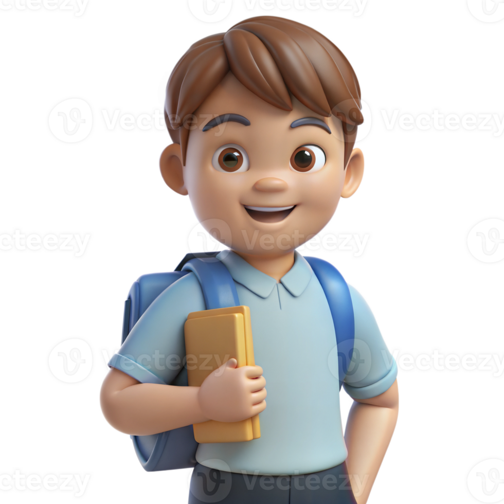 Smiling Boy Student Holding a Book With Backpack on Transparent Background png