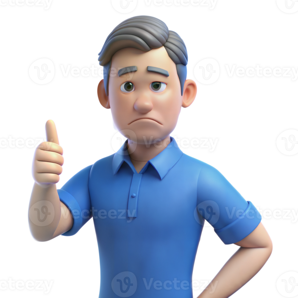 3D Rendered Cartoon Man Giving Thumbs Up While Looking Disappointed png