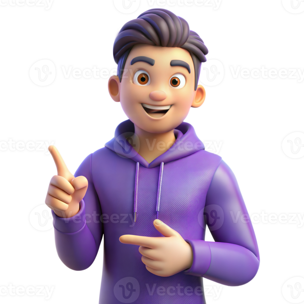 Smiling Cartoon Man Wearing Purple Hoodie Points to the Right png