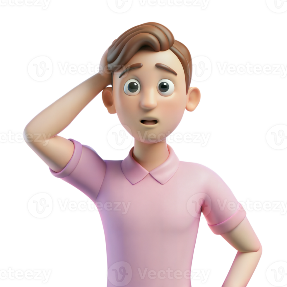 3D Animated Man In Pink Polo Shirt Looks Confused, Scratching His Head png