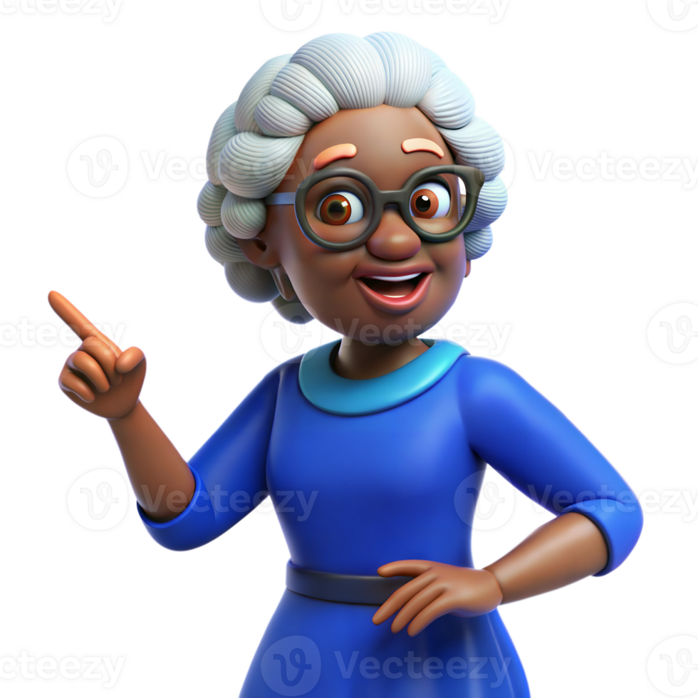 sonriente negro dibujos animados abuela señalando con uno dedo png