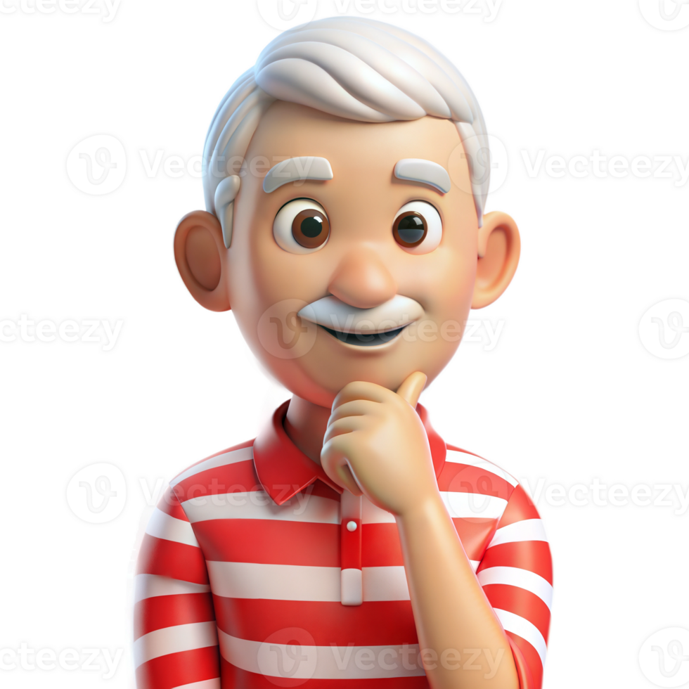 A 3D Cartoon Illustration of a Senior Man in a Red and White Striped Shirt Thinking png
