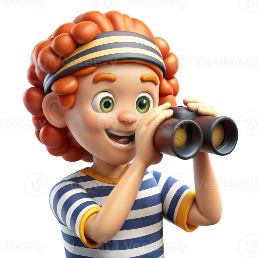 Smiling Boy With Red Hair Wearing Striped Shirt Uses Binoculars png
