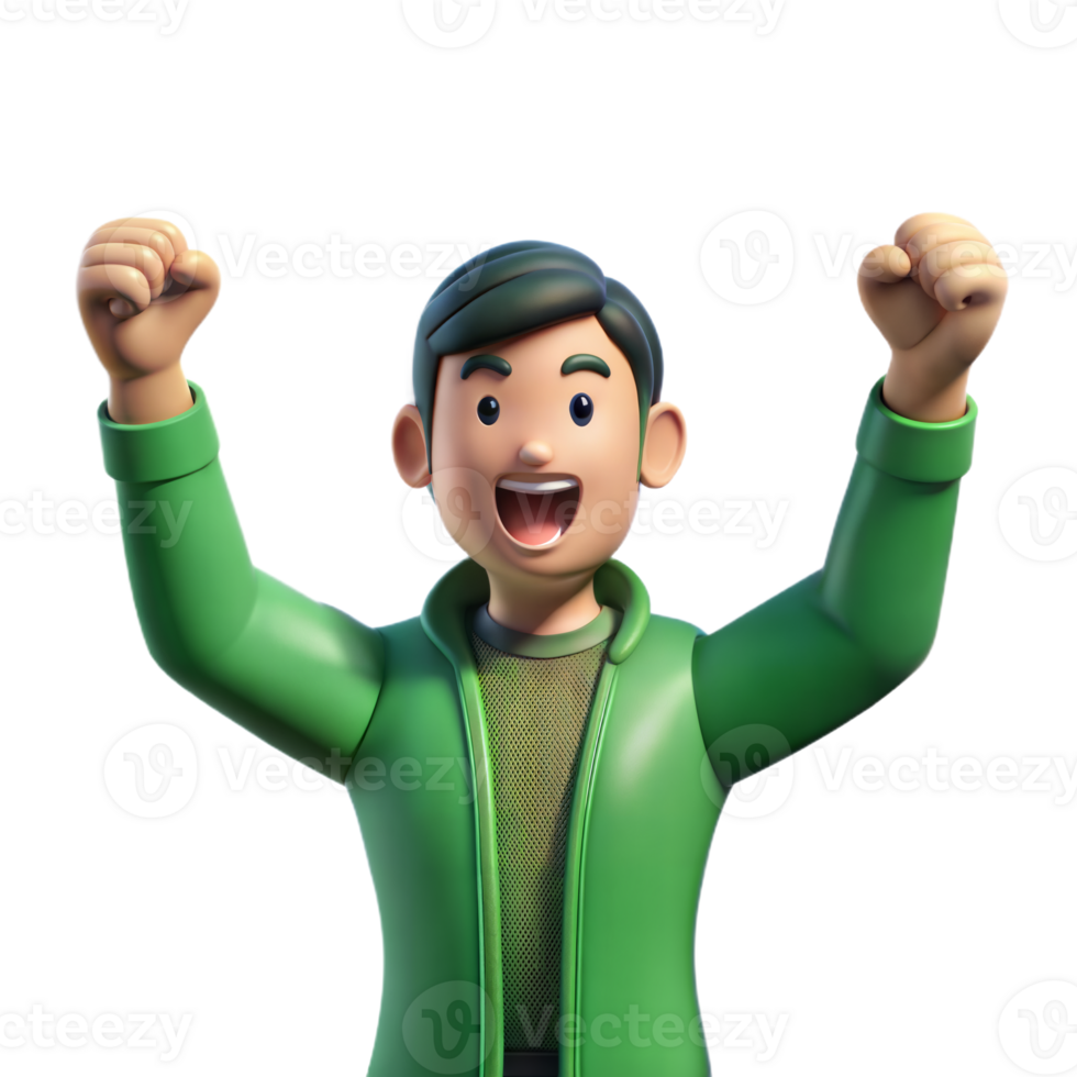 Happy 3D Cartoon Man Celebrating Success With Raised Arms png