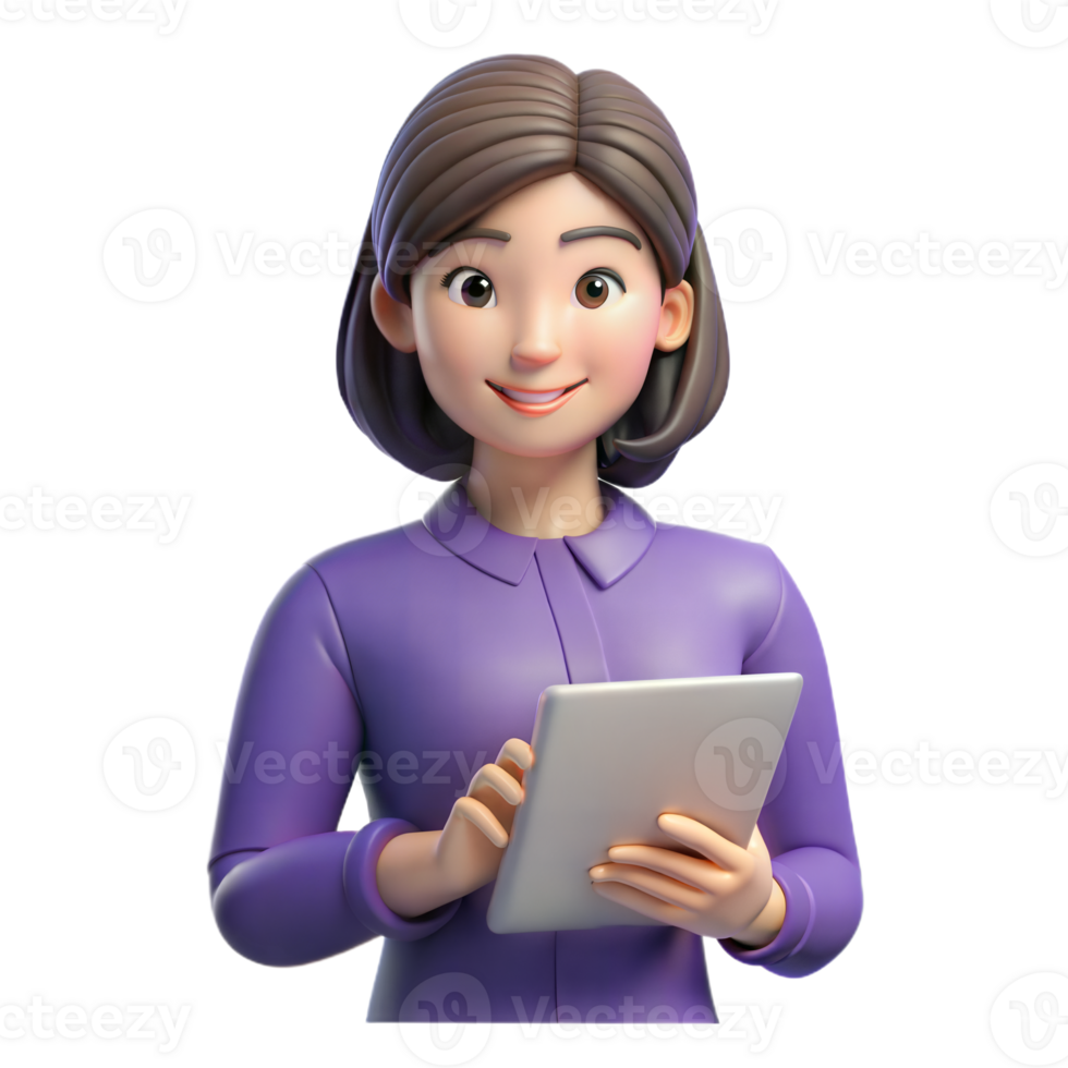 3D Cartoon Woman Using Tablet Device png