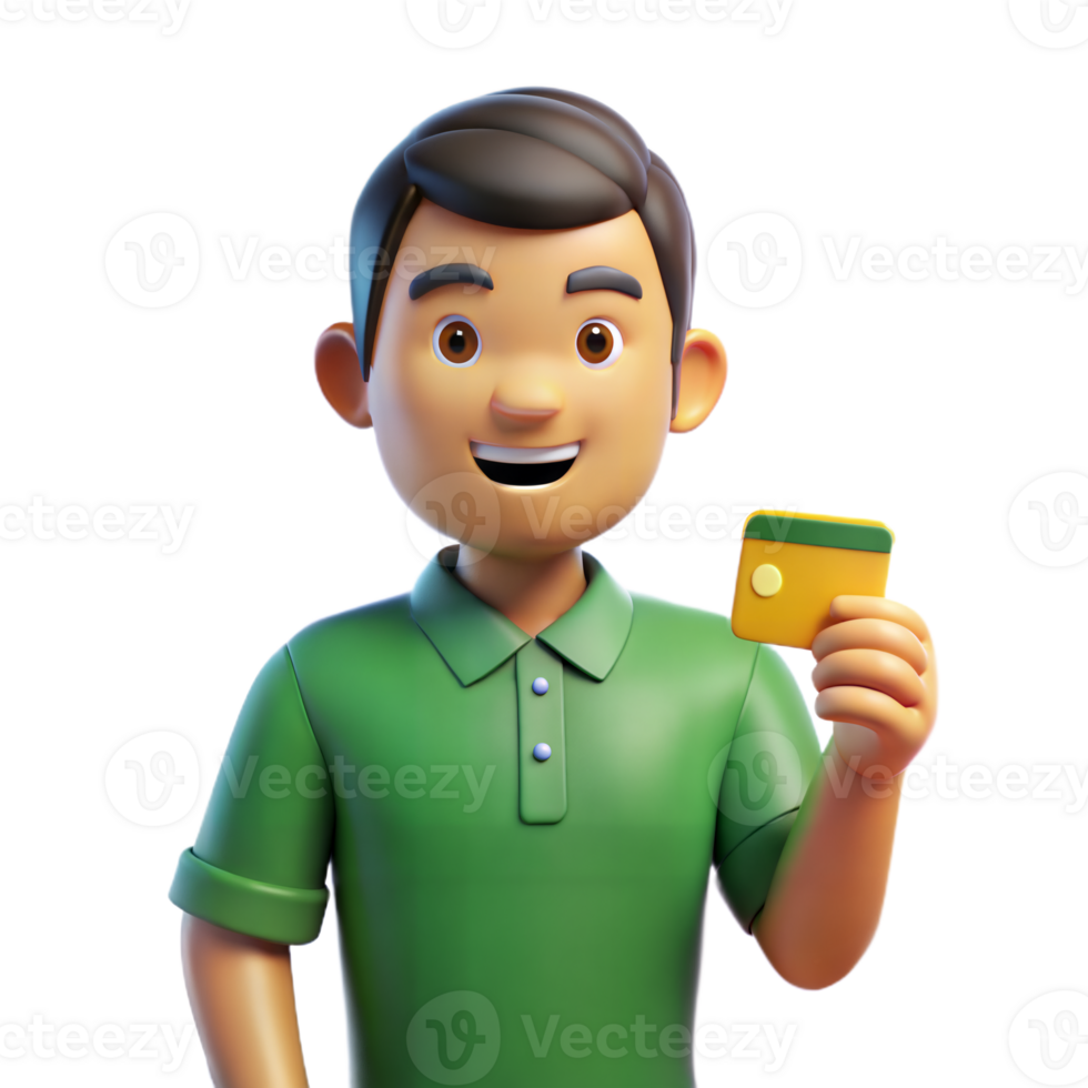 Smiling 3D Cartoon Man Holding Credit Card png