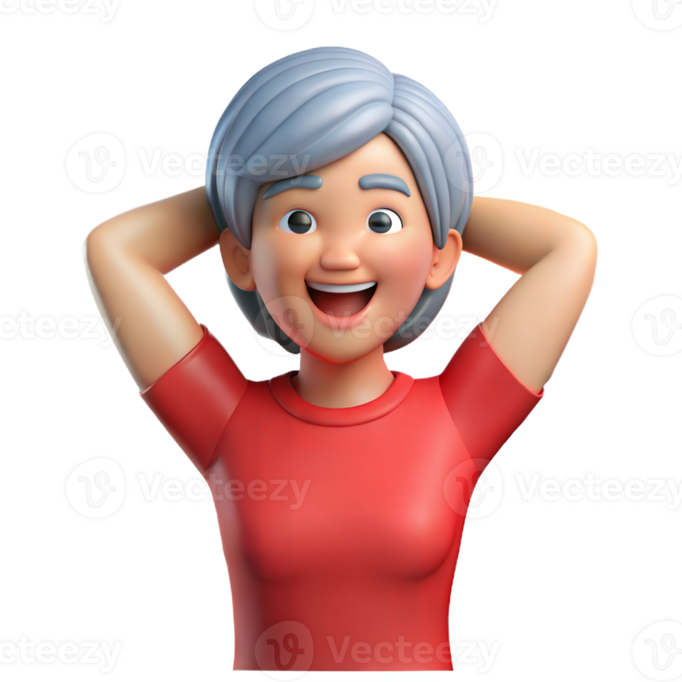 Happy Elderly Woman Smiling With Arms Behind Head 3D Cartoon Render png