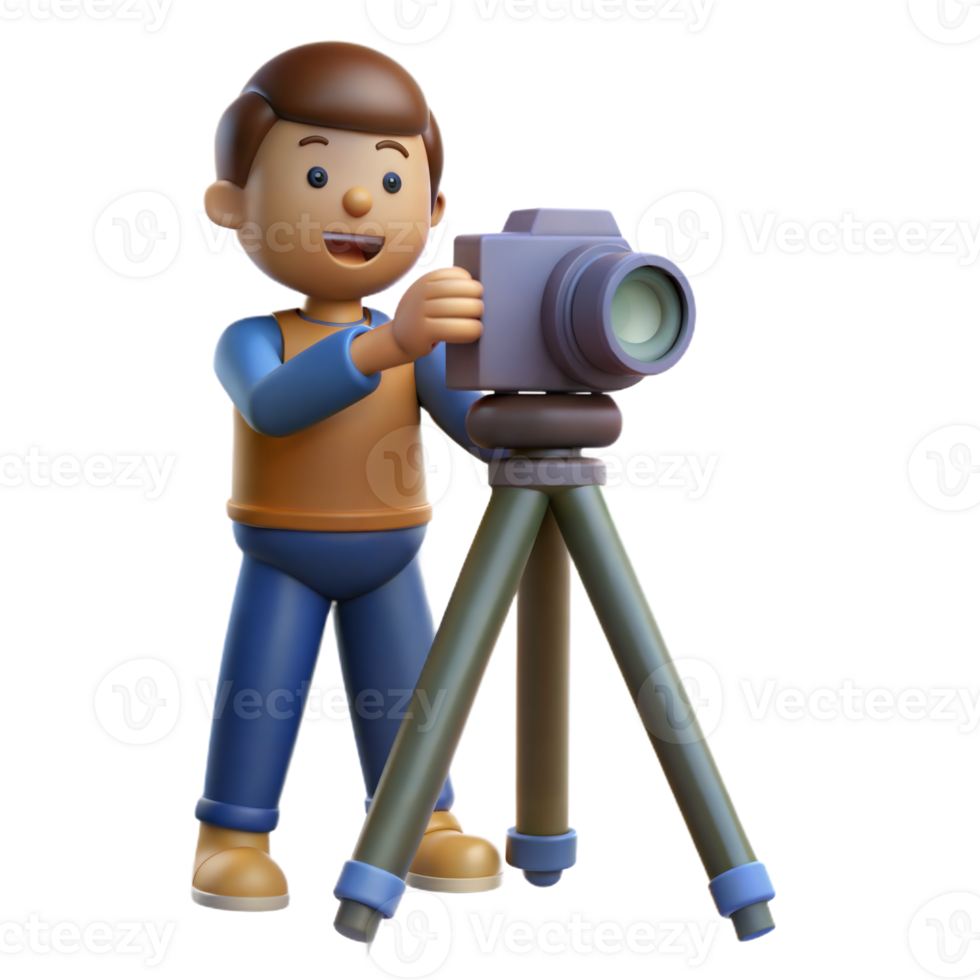 3D Cartoon Boy Holding Camera On Tripod png