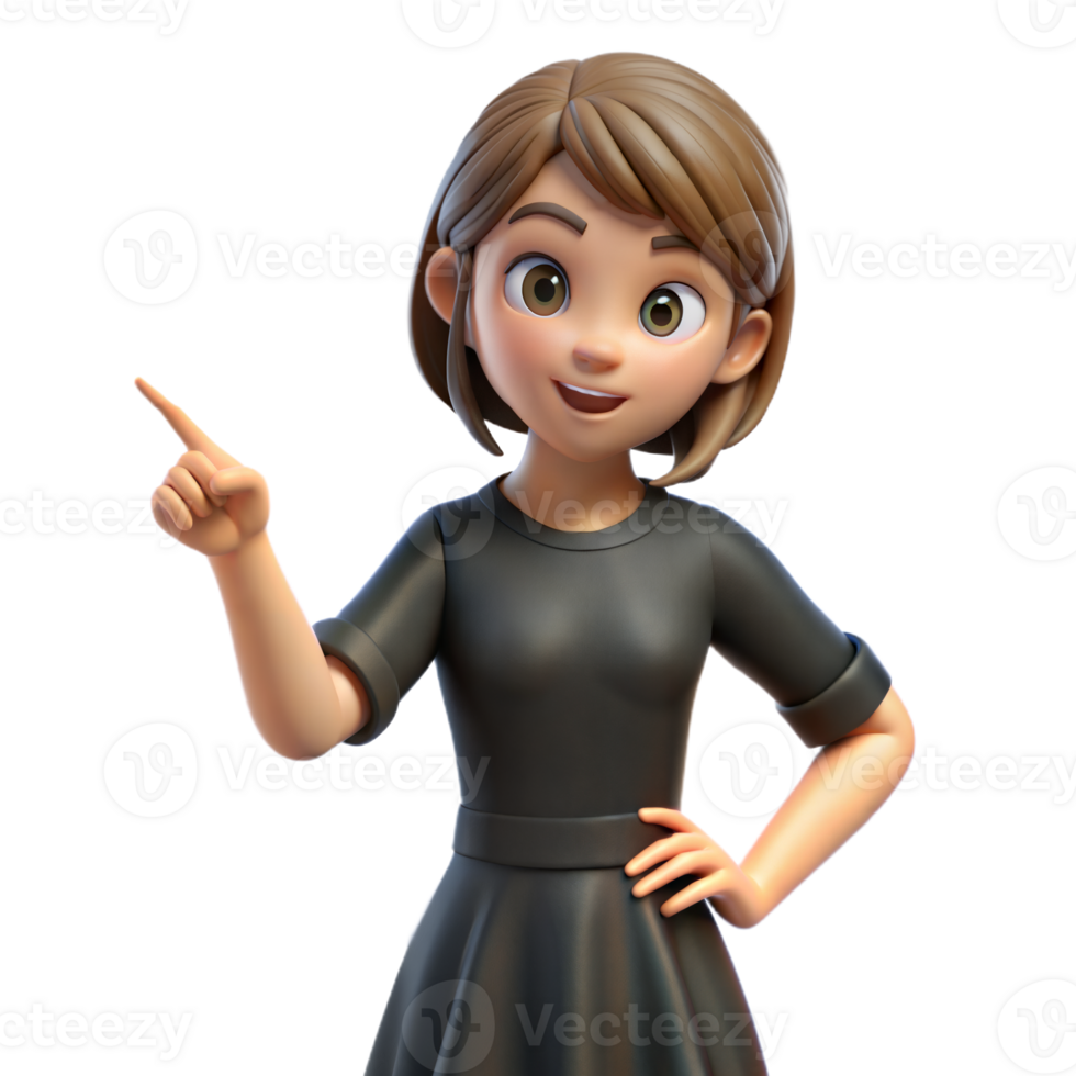 Smiling Cartoon Woman in Black Dress Pointing Right png