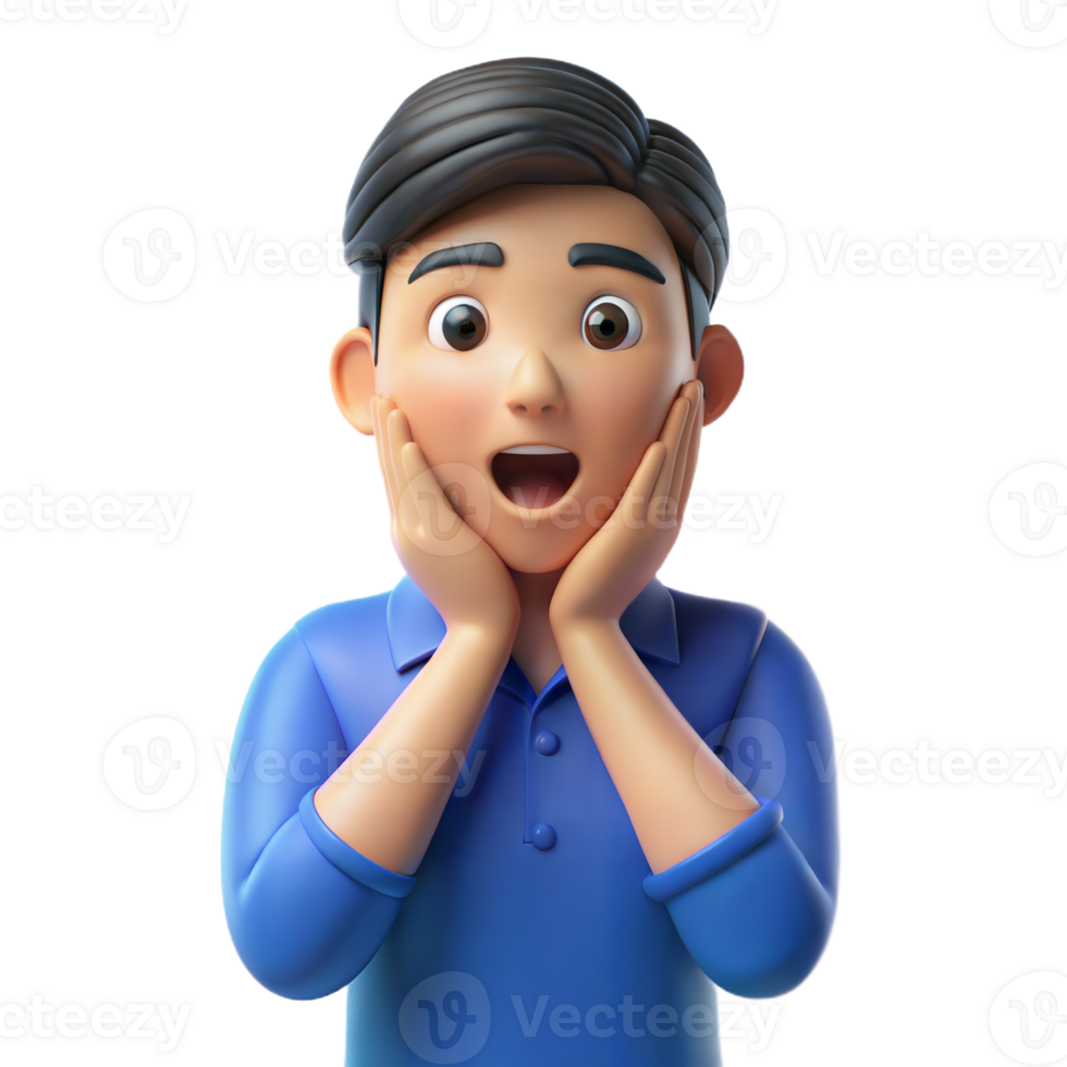 3D Render of a Shocked Young Man Wearing a Blue Shirt png