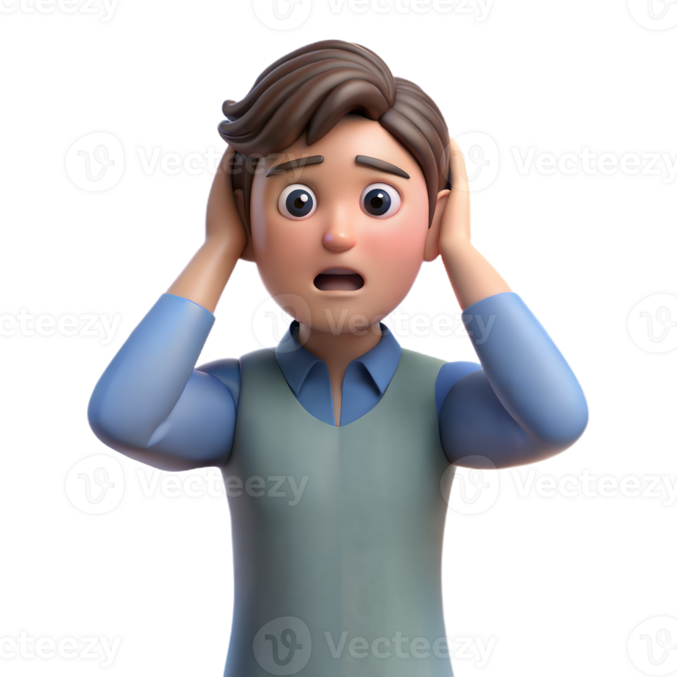 3D Cartoon Man Covering Ears in Shock png