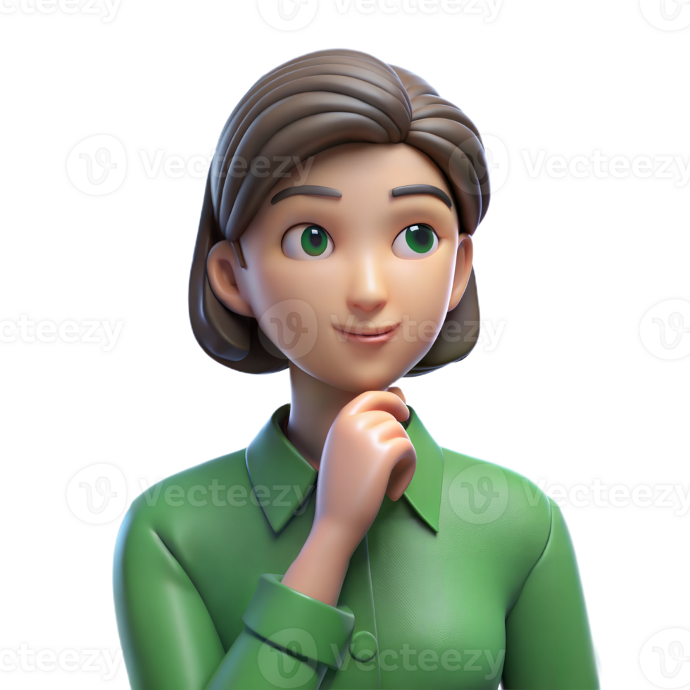 3D Cartoon Woman Thinking With Hand On Chin png