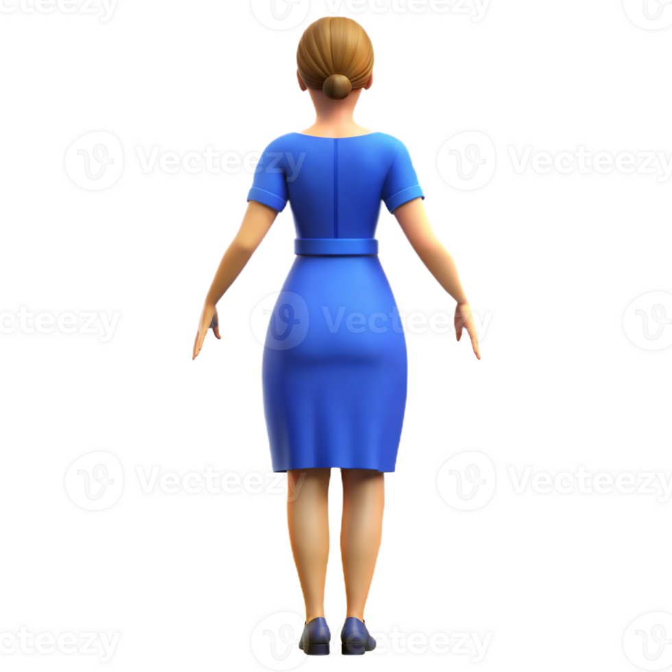 3D Cartoon Woman in Blue Dress Standing Backwards png