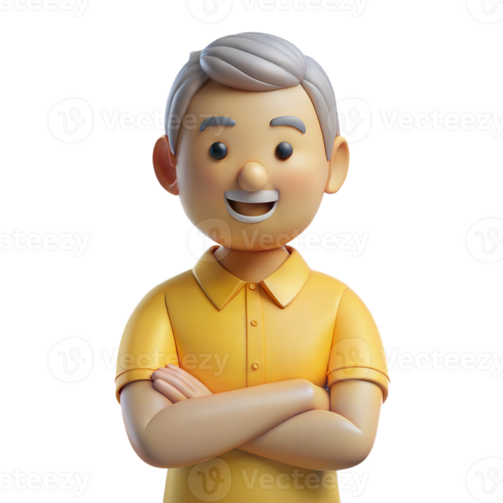 Smiling 3D Cartoon Senior Man With Crossed Arms Wearing a Yellow Polo Shirt png