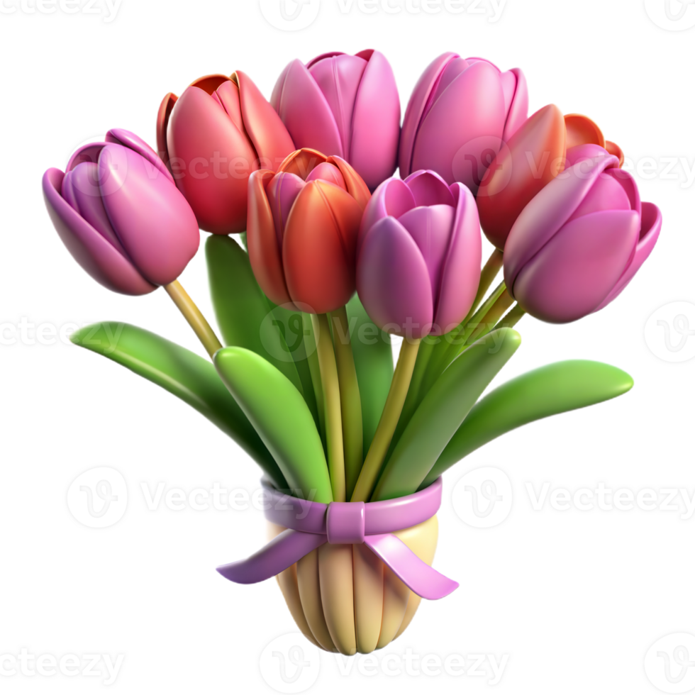 Colorful 3D Rendered Bouquet of Pink and Orange Tulips With a Pink Ribbon png