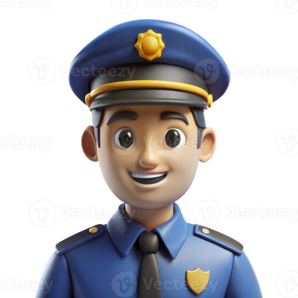 Smiling 3D Cartoon Police Officer With Blue Uniform and Hat png