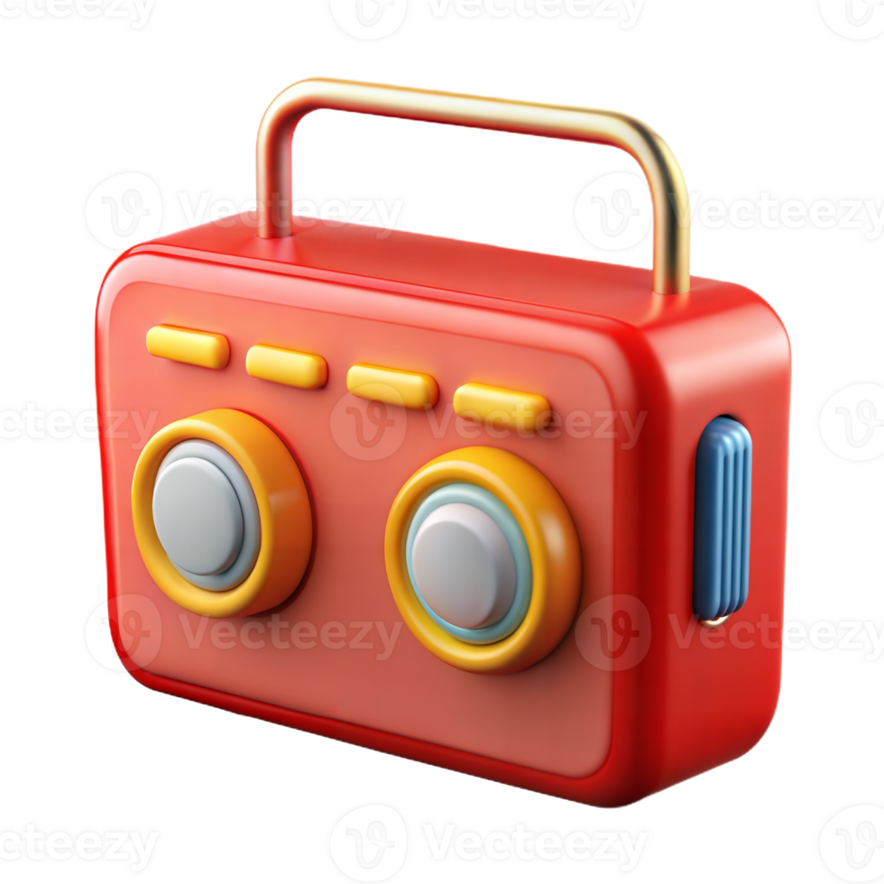 Red Retro Radio With Gold Handle and Yellow Buttons 3D Render png