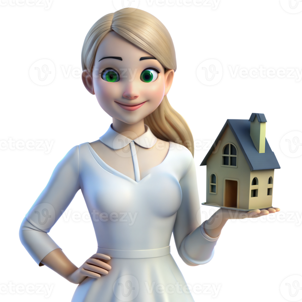 Animated 3D woman in white dress holding a small house model, smiling, on transparent background png