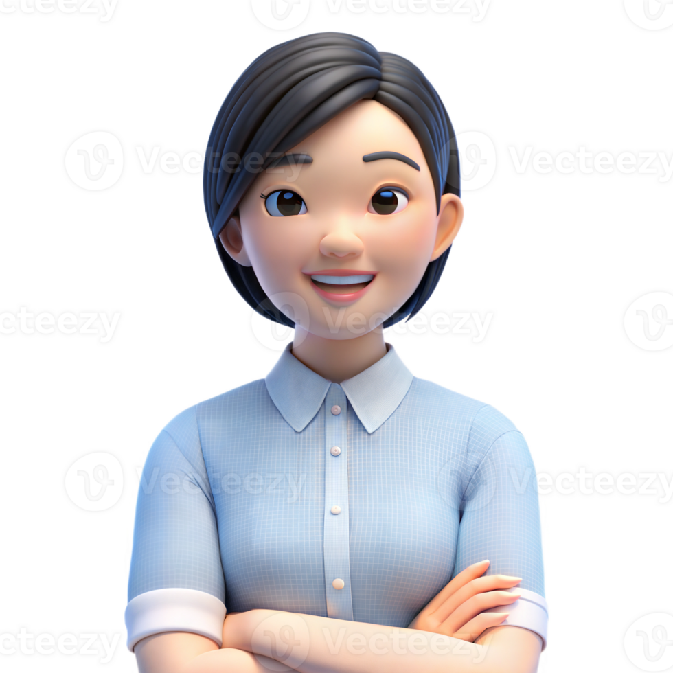 Animated 3D woman with short dark hair, arms crossed, smiling confidently, on transparent background png
